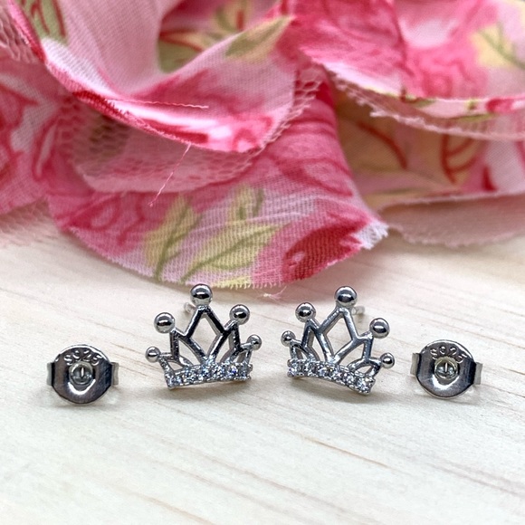 Sterling Silver 925 CZ Crown Stud Earrings - Picture 3 of 5
